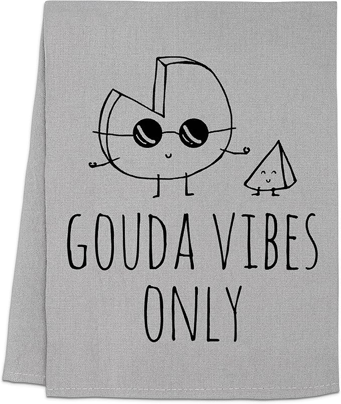 Moonlight Makers Cheese-Themed Funny Kitchen Towels - Decorative Handmade Cotton Dish Towels, Absorbent Tea Cloth, Unique Housewarming Gifts, Home Essentials, 28x28in - Gouda Vibes Only, Gray, 1-PC
