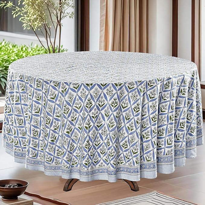 Ridhi Block Print Round Light Steel Blue Reusable Tablecloth 100% Cotton 90" Inch Decorative Table Cover eveyday Dining, Home, Party, Wedding, Farmhouse Gift for Spring, Easter, Valentine