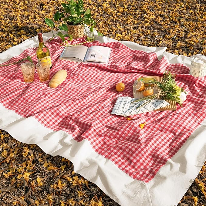 MONDAY MOOSE Gingham Checkered Farmhouse Rustic Picnic Style Decoration Rectangle Natural Stonewashed Cotton Tablecloth for Kitchen, Dining Room, Restaurant (60x120 inch, Red/White)