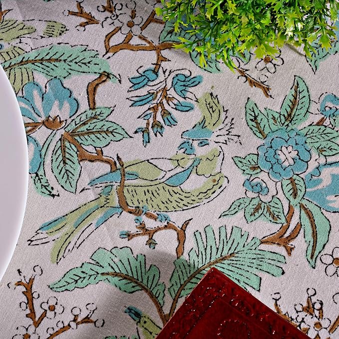 Ridhi Block Print Round Sage and Russian Green Reusable Tablecloth 100% Cotton 110" Inch Decorative Table Cover eveyday Dining, Home, Party, Wedding, Farmhouse Gift for Spring, Easter, Valentine