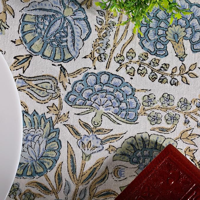 Ridhi Block Print Round Asparagus Green Reusable Tablecloth 100% Cotton 60" Inch Decorative Table Cover eveyday Dining, Home, Party, Wedding, Farmhouse Gift for Spring, Easter, Valentine