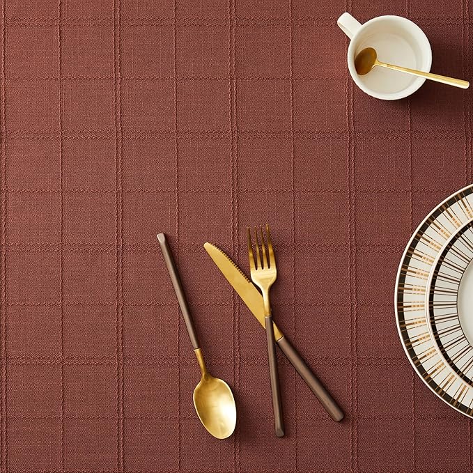 ZeeMart Linen Checked Table Cloth, Farmhouse Style Plaid Embroidered Rust Tablecloth, Water Resistant Rectangle Table Cloth, Terracota 60x104 Inches