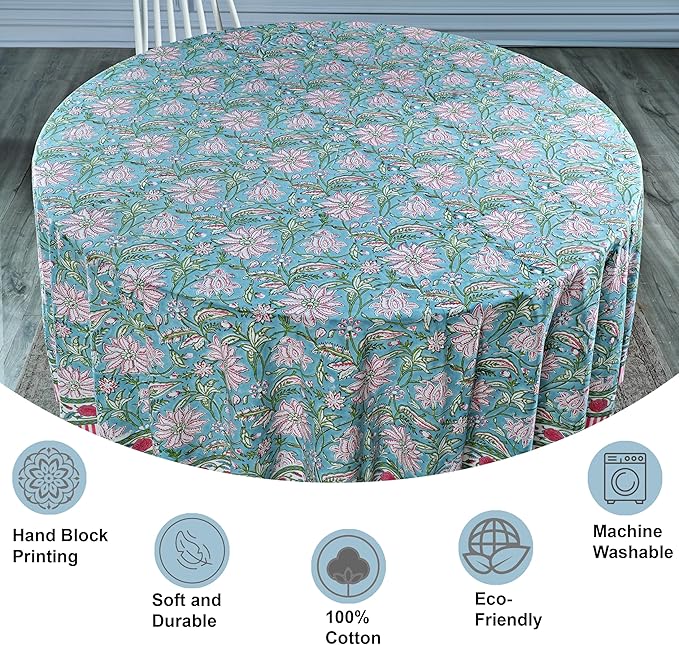 Ridhi Block Print Round Turquoise Blue Reusable Tablecloth 100% Cotton 60" Inch Decorative Table Cover eveyday Dining, Home, Party, Wedding, Farmhouse Gift for Spring, Easter, Valentine