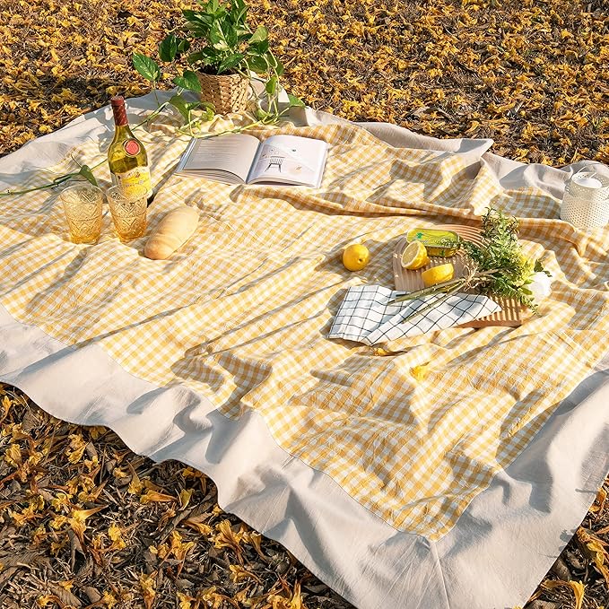 MONDAY MOOSE Gingham Checkered Farmhouse Rustic Picnic Style Decoration Rectangle Natural Stonewashed Cotton Tablecloth for Kitchen, Dining Room, Restaurant (60x86 inch, Yellow/Beige)