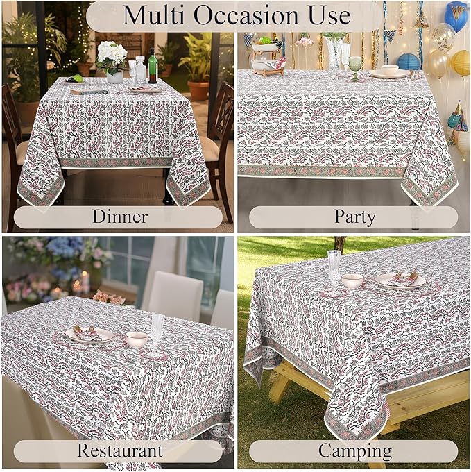 Ridhi Hand Block Print Coral Pink Rectangle Cotton Tablecloth 90" x 60" Reusable Table Cover Decorative Everyday Use for Dining, Farmhouse, Home Gift for Spring, Easter, Valentine