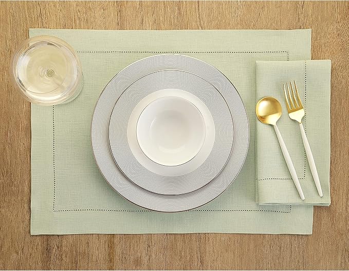 Solino Home Linen Placemats Set of 4 - Classic Hemstitch Sage Green Placemats 14 x 19 Inch - 100% Pure Linen Table Mats for Winter, Spring, Easter, St Patricks Day