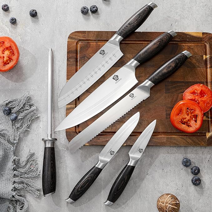 WILDMOK Knife Set, 7 Piece Kitchen Knife Block Set with Block Wooden, German Stainless Steel Sharp Chef Knife Set with Sharpener