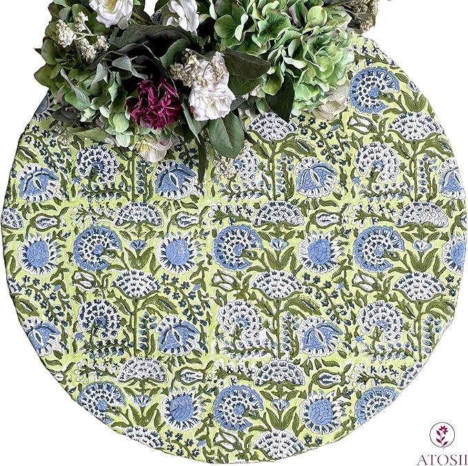 ATOSII Amara 100% Cotton Round Fall Tablecloth, Handblock Print Floral Table Cloth for Kitchen Dining Linen I Parties, Weddings, Christmas, Thanksgiving, Easter Grandmillennial Decor 60" Inches Round