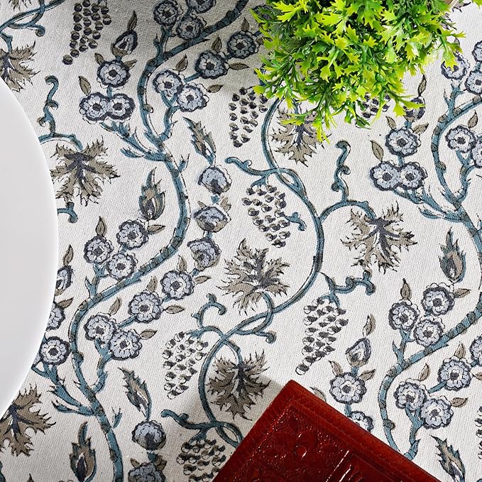 Ridhi Block Print Round Baby Blue Eyes Reusable Tablecloth 100% Cotton 60" Inch Decorative Table Cover eveyday Dining, Home, Party, Wedding, Farmhouse Gift for Spring, Easter, Valentine