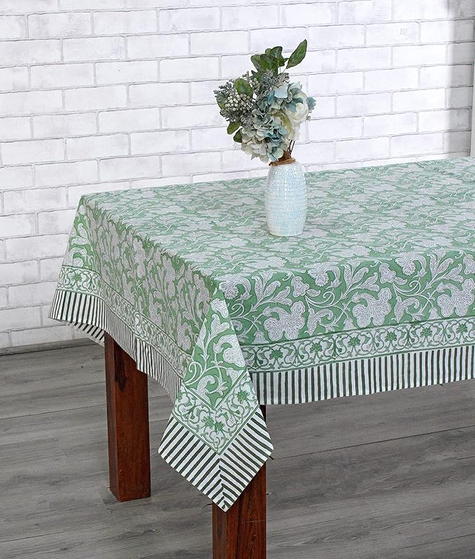 Ridhi Hand Block Print Sage Green Rectangle Cotton Tablecloth 160" x 72" Reusable Table Cover Decorative Everyday Use for Dining, Farmhouse, Home Gift for Spring, Easter, Valentine