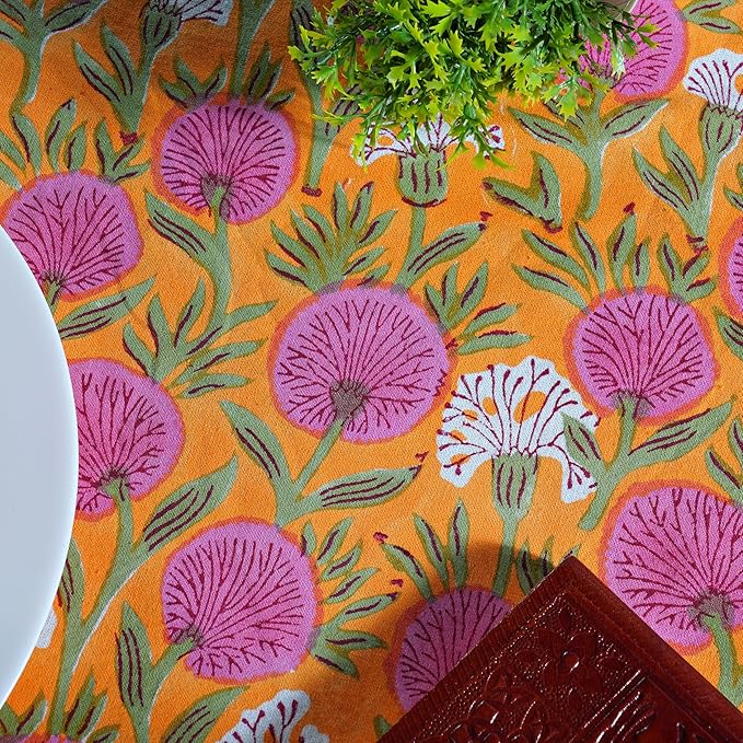 Ridhi Block Print Round Bubblegum Pink Reusable Tablecloth 100% Cotton 60" Inch Decorative Table Cover eveyday Dining, Home, Party, Wedding, Farmhouse Gift for Spring, Easter, Valentine
