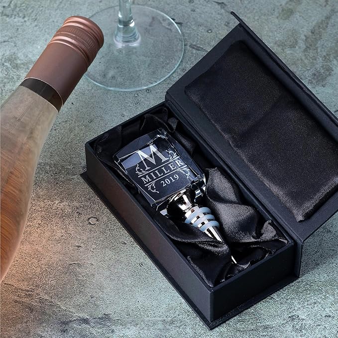 Personalized Crystal Wine Stopper - Custom Engraved Initial, Name & Date - 3D Glass Bottle Stopper with 6 Design Options - Rectangular, Included Gift Box