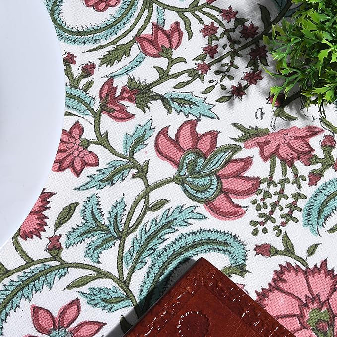 Ridhi Block Print Round Tulip Pink Reusable Tablecloth 100% Cotton 60" Inch Decorative Table Cover eveyday Dining, Home, Party, Wedding, Farmhouse Gift for Spring, Easter, Valentine