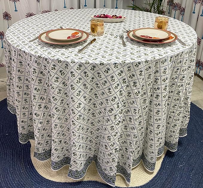 Ridhi Block Print Round Indian Light Blue Reusable Tablecloth 100% Cotton 110" Inch Decorative Table Cover eveyday Dining, Home, Party, Wedding, Farmhouse Gift for Spring, Easter, Valentine