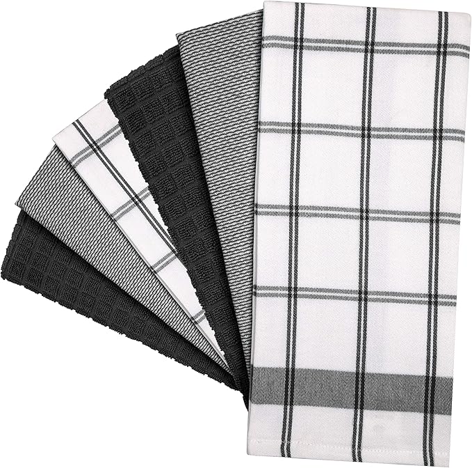 Premium Kitchen Towels (20”x 28”, 6 Pack) | Large Cotton Dish Towels | Flat & Terry Highly Absorbent Kitchen Linen Set with Hanging Loop | Black Check
