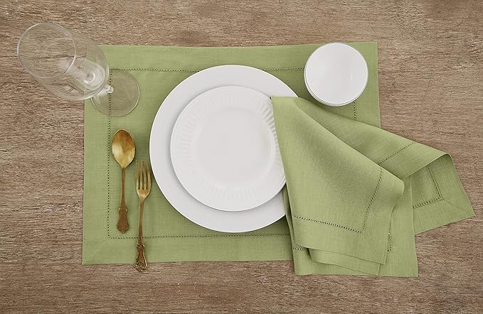 Solino Home Linen Napkins Set of 4 - Classic Hemstitch 100% Pure Linen Moss Green Dinner Napkins Cloth 20 x 20 Inch for Winter, Spring, Easter, St Patricks Day - Handcrafted and Machine Washable