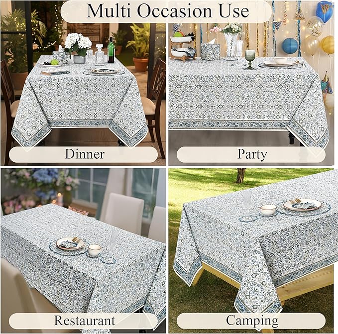 Ridhi Hand Block Print Indigo Rectangle Cotton Tablecloth 90" x 60" Reusable Table Cover Decorative Everyday Use for Dining, Farmhouse, Home Gift for Spring, Easter, Valentine