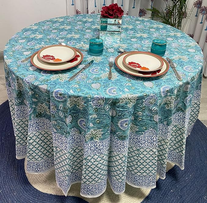 Ridhi Block Print Round Turquoise & Steel Blue Reusable Tablecloth 100% Cotton 110" Inch Decorative Table Cover eveyday Dining, Home, Party, Wedding, Farmhouse Gift for Spring, Easter, Valentine