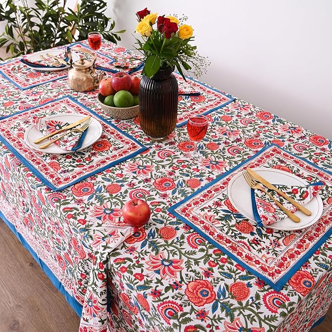 Hand Block Printed Cotton Tablecloth Elegant Floral Design Perfect for Dining Table Kitchen Parties Home Decor, Wall Tapestry (Peach Floral, 6 Seater 60 x 90 Inches Rectangle)