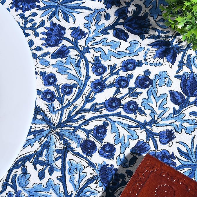 Ridhi Block Print Round Dark Royal Blue Reusable Tablecloth 100% Cotton 110" Inch Decorative Table Cover eveyday Dining, Home, Party, Wedding, Farmhouse Gift for Spring, Easter, Valentine