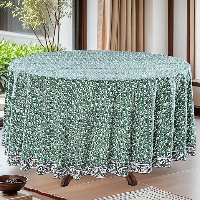 Ridhi Block Print Round Basil Green Reusable Tablecloth 100% Cotton 90" Inch Decorative Table Cover eveyday Dining, Home, Party, Wedding, Farmhouse Gift for Spring, Easter, Valentine