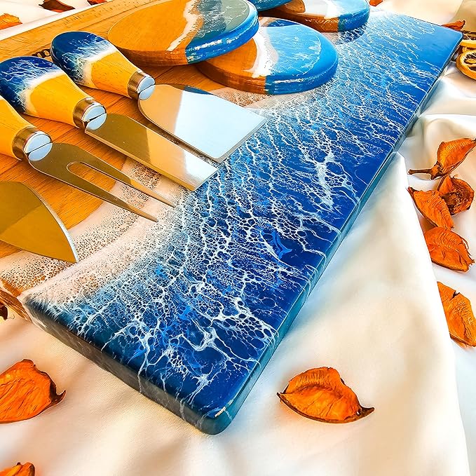 Resin Personalized Charcuterie Board Wedding Gift, Ocean Resin Cutting Board, Beach Charcuterie Board, House Warming Gifts New Home Women, Closing Gifts for Home Buyers, Blue Epoxy Cutting