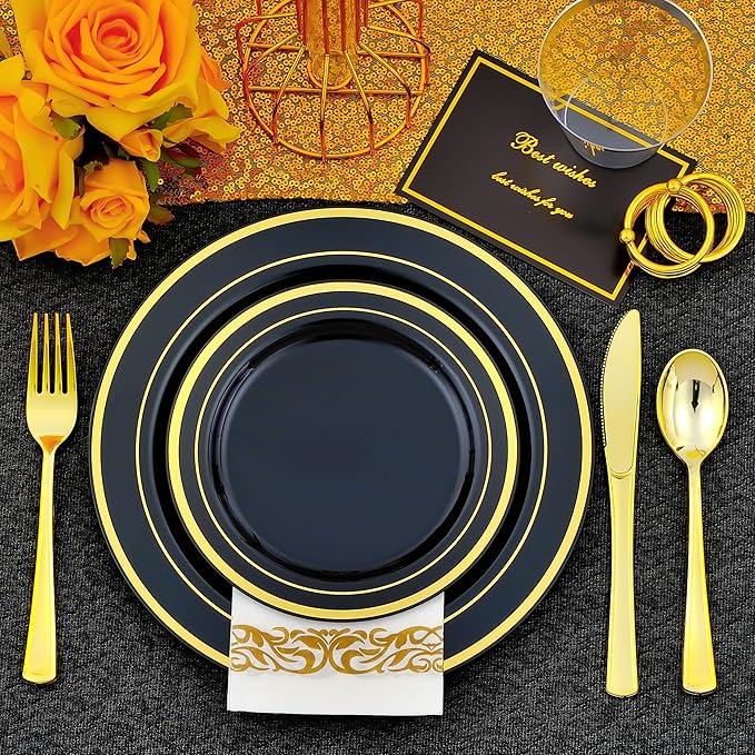350 PCS Black and Gold Dinnerware Set for 50 Guests, Black Plastic Disposable Plates with Gold Rim for Party -50 Dinner Plates, 50 Dessert Plates, 150 Silverware Set,50 Napkins and 50 Cups