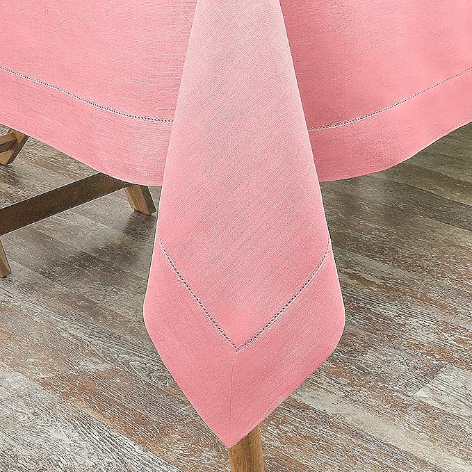 D'Moksha Homes Dusty Pink Linen Tablecloth 60 x 108 Inch - 100% Pure Linen Pink Table Cloth for Rectangle Tables - Classic Hemstitch, Machine Washable Tablecloth for Valentines, Spring, Easter