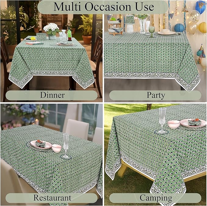 Ridhi Hand Block Print Basil Green Rectangle Cotton Tablecloth 108" x 70" Reusable Table Cover Decorative Everyday Use for Dining, Farmhouse, Home Gift for Spring, Easter, Valentine