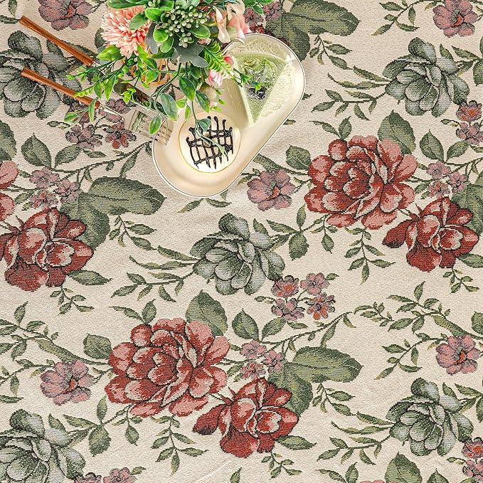 Dimatic Cotton and Linen Rectangular Tablecloth with Red Rose Pattern, Suitable for Kitchen Dining Table, Home Table Cloth and Holiday Decoration, 55 x 94 Inches