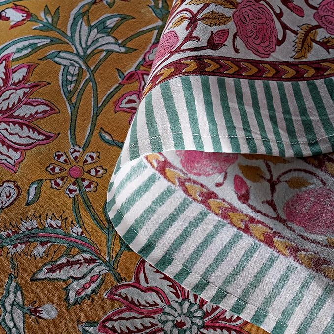 Ridhi Block Print Round Biscotti Yellow Reusable Tablecloth 100% Cotton 110" Inch Decorative Table Cover eveyday Dining, Home, Party, Wedding, Farmhouse Gift for Spring, Easter, Valentine