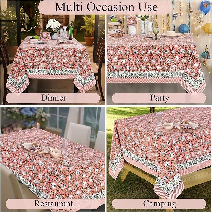 Ridhi Hand Block Print Dark Salmon Pink Rectangle Cotton Tablecloth 118" x 70" Reusable Table Cover Decorative Everyday Use for Dining, Farmhouse, Home Gift for Spring, Easter, Valentine