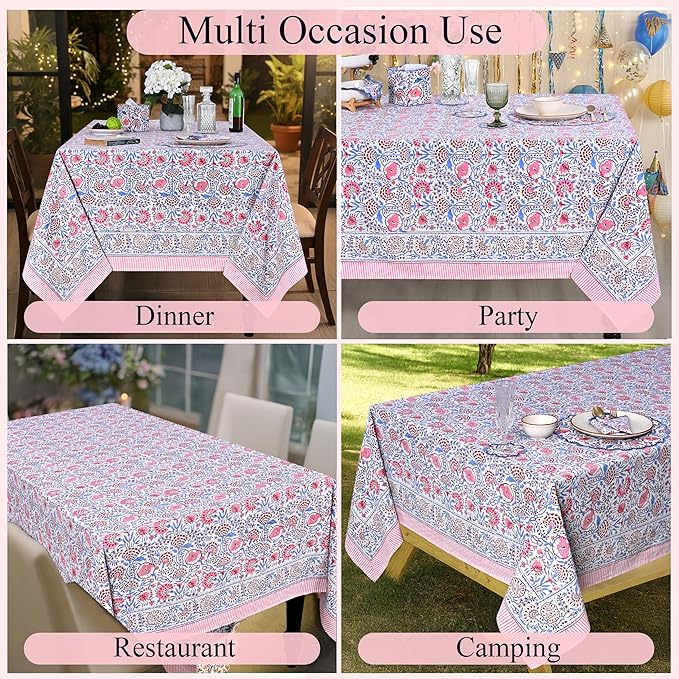 Ridhi Hand Block Print Pigeon Blue Flamingo Pink Rectangle Cotton Tablecloth 140" x 72" Reusable Table Cover Decorative Everyday Use for Dining, Farmhouse, Home Gift for Spring, Easter, Valentine