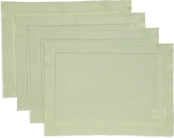 Solino Home Linen Placemats Set of 4 - Classic Hemstitch Sage Green Placemats 14 x 19 Inch - 100% Pure Linen Table Mats for Winter, Spring, Easter, St Patricks Day