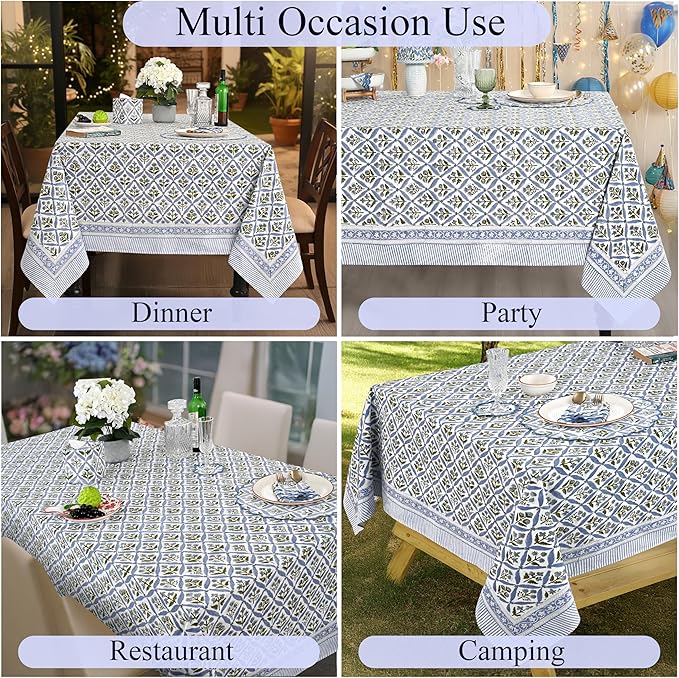 Ridhi Hand Block Print Light Steel Blue Rectangle Cotton Tablecloth 120" x 60" Reusable Table Cover Decorative Everyday Use for Dining, Farmhouse, Home Gift for Spring, Easter, Valentine