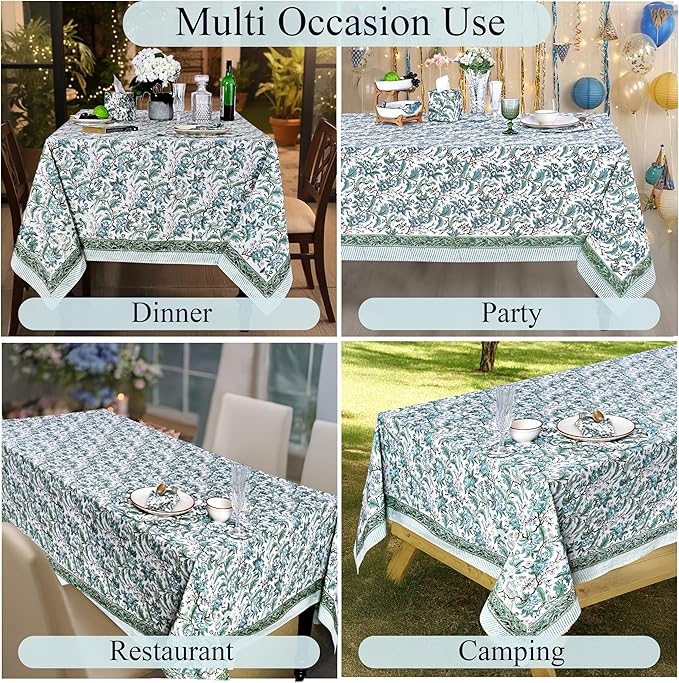 Ridhi Hand Block Print Sage Russian Green Rectangle Cotton Tablecloth 190" x 72" Reusable Table Cover Decorative Everyday Use for Dining, Farmhouse, Home Gift for Spring, Easter, Valentine