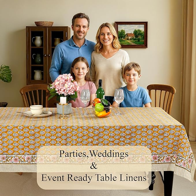 CPC Tablecloth 100% Cotton 72x160 Inch Indian Block Print Rectangle Table Cover, Yellow Table Cloth for Weddings, Spring/Summer, Barbeque - Yellow Citrine