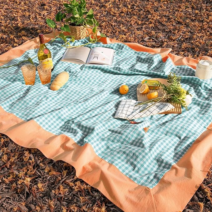 MONDAY MOOSE Gingham Checkered Farmhouse Rustic Picnic Style Decoration Rectangle Natural Stonewashed Cotton Tablecloth for Kitchen, Dining Room, Restaurant (55x70 inch, Teal/Orange)