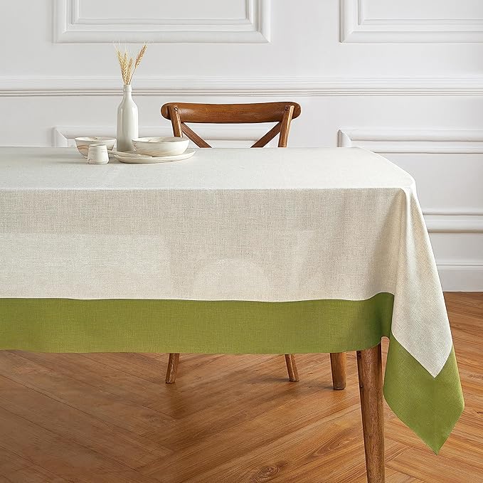 Solino Home Linen Tablecloth 60 x 90 Inch - 100% Pure Linen Avocado and Natural Tablecloth for Rectangle Tables - Contempo, Machine Washable Table Cloth for Winter, St Patricks Day