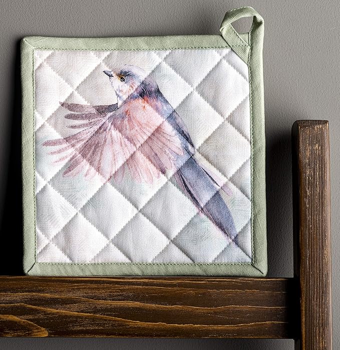 Maison d' Hermine Pot Holders 100% Cotton Heat Resistant Potholders 8" x 8" Hot Pads with Loop BBQ, Cooking, Baking, Grilling, Kitchen, Handling Hot Pans Spring/Summer (Pack of 1, Flying Birds)
