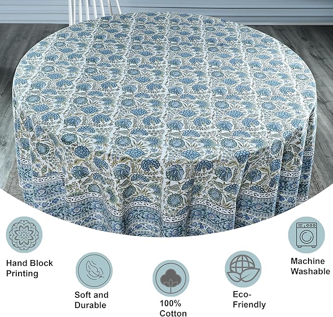Ridhi Block Print Round Asparagus Green Reusable Tablecloth 100% Cotton 60" Inch Decorative Table Cover eveyday Dining, Home, Party, Wedding, Farmhouse Gift for Spring, Easter, Valentine