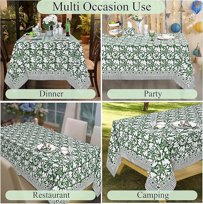 Ridhi Hand Block Print Pantone Artichoke Rectangle Cotton Tablecloth 160" x 72" Reusable Table Cover Decorative Everyday Use for Dining, Farmhouse, Home Gift for Spring, Easter, Valentine