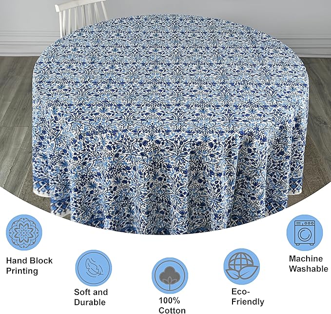 Ridhi Block Print Round Dark Royal Blue Reusable Tablecloth 100% Cotton 132" Inch Decorative Table Cover eveyday Dining, Home, Party, Wedding, Farmhouse Gift for Spring, Easter, Valentine