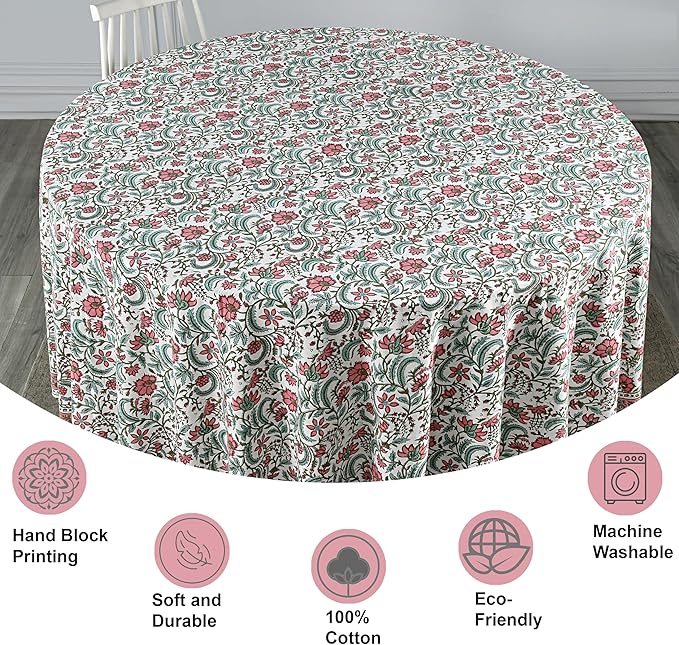 Ridhi Block Print Round Tulip Pink Reusable Tablecloth 100% Cotton 120" Inch Decorative Table Cover eveyday Dining, Home, Party, Wedding, Farmhouse Gift for Spring, Easter, Valentine