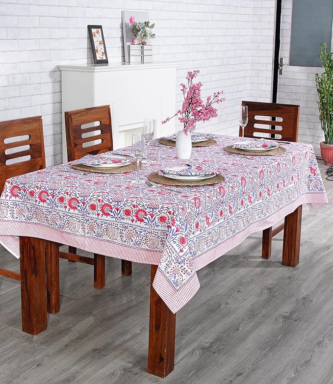 Ridhi Hand Block Print Pigeon Blue Flamingo Pink Rectangle Cotton Tablecloth 120" x 80" Reusable Table Cover Decorative Everyday Use for Dining, Farmhouse, Home Gift for Spring, Easter, Valentine