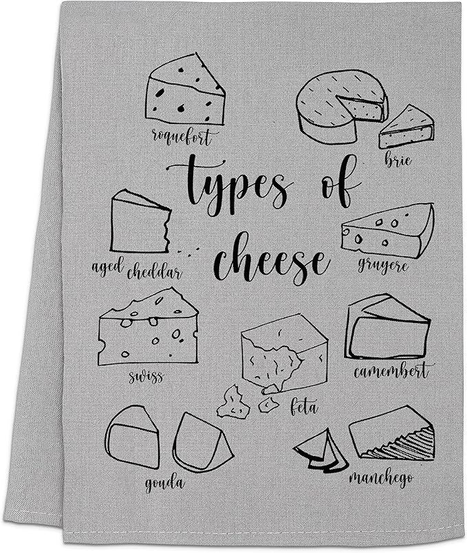 Moonlight Makers Cheese-Themed Funny Kitchen Towels - Decorative Handmade Cotton Dish Towels, Absorbent Tea Cloth, Unique Housewarming Gifts, Home Essentials, 28x28in - Types of Cheese, Gray, 1-PC