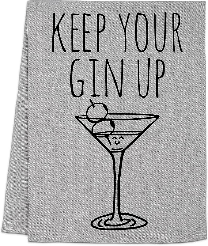 Keep Your Gin Up, Funny Flour Sack Kitchen Towel, Sweet Housewarming Gift, Farmhouse Kitchen Decor, White or Gray (Gray)