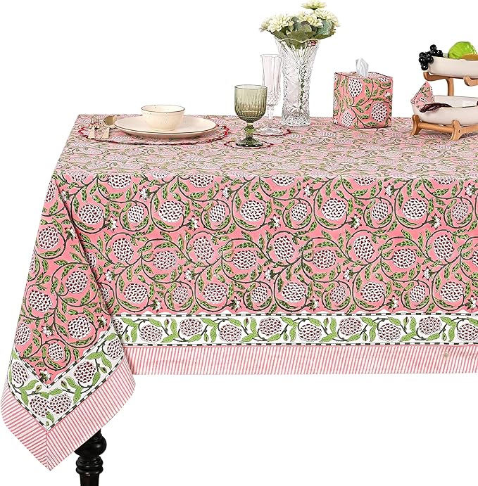 Ridhi Hand Block Print Strawberry Pink Rectangle Cotton Tablecloth 108" x 60" Reusable Table Cover Decorative Everyday Use for Dining, Farmhouse, Home Gift for Spring, Easter, Valentine