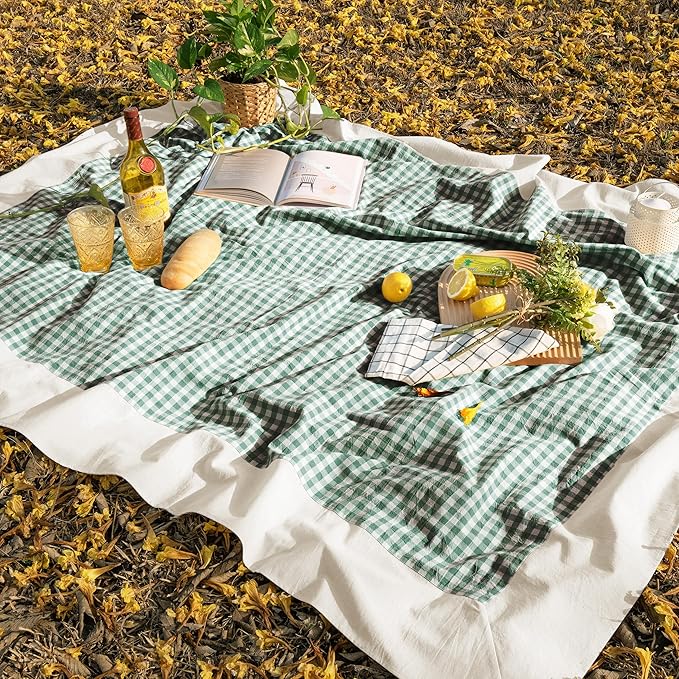 MONDAY MOOSE Gingham Checkered Farmhouse Rustic Picnic Style Decoration Rectangle Natural Stonewashed Cotton Tablecloth for Kitchen, Dining Room, Restaurant (60x102 inch, Green/White)