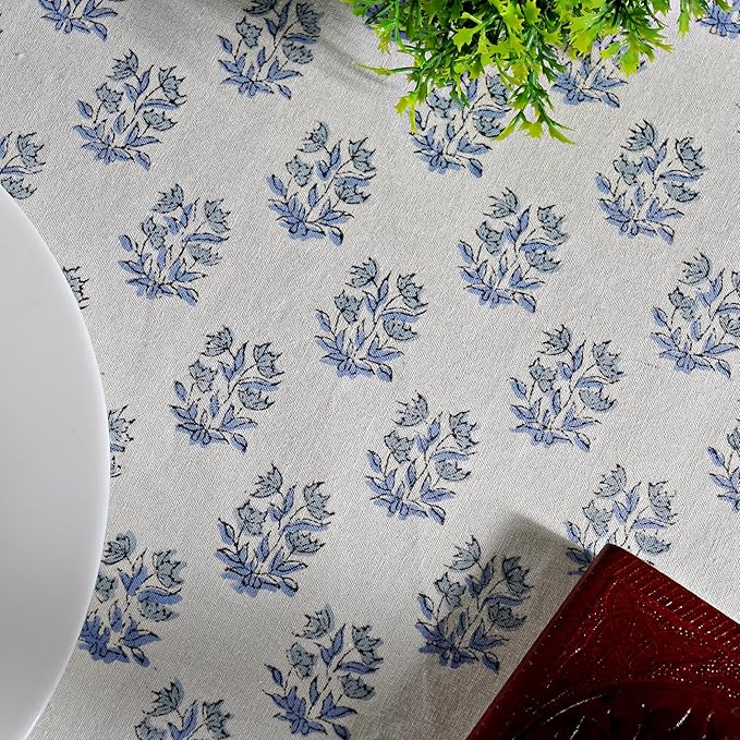 Ridhi Block Print Round Sky Beau Blue Reusable Tablecloth 100% Cotton 60" Inch Decorative Table Cover eveyday Dining, Home, Party, Wedding, Farmhouse Gift for Spring, Easter, Valentine